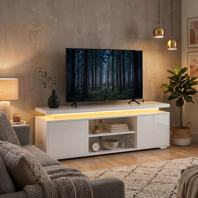 Meuble télé avec lumières DEL pour téléviseur de 60 po, console, blanc ultrabrillant, Blanc