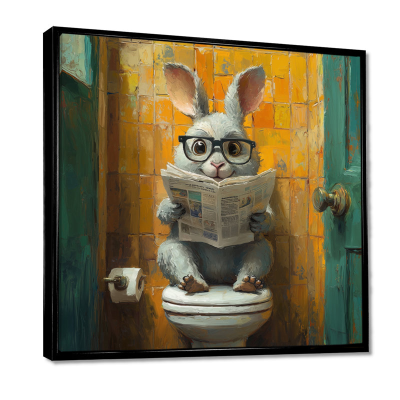 Kenalee lapin avec des lunettes dans la toilette II - lapin, décoration murale, Impression encadrée flottante