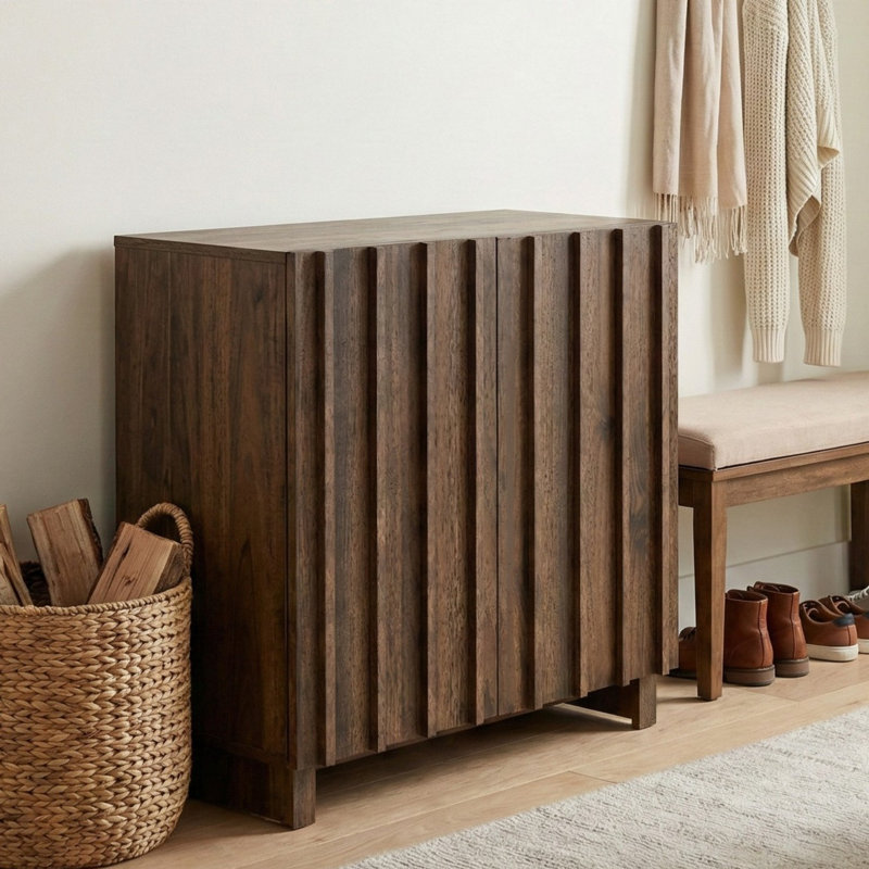 Araminta 32" 12-Pair Entryway Shoe Storage Cabinet with Fluted Front Doors, Walnut