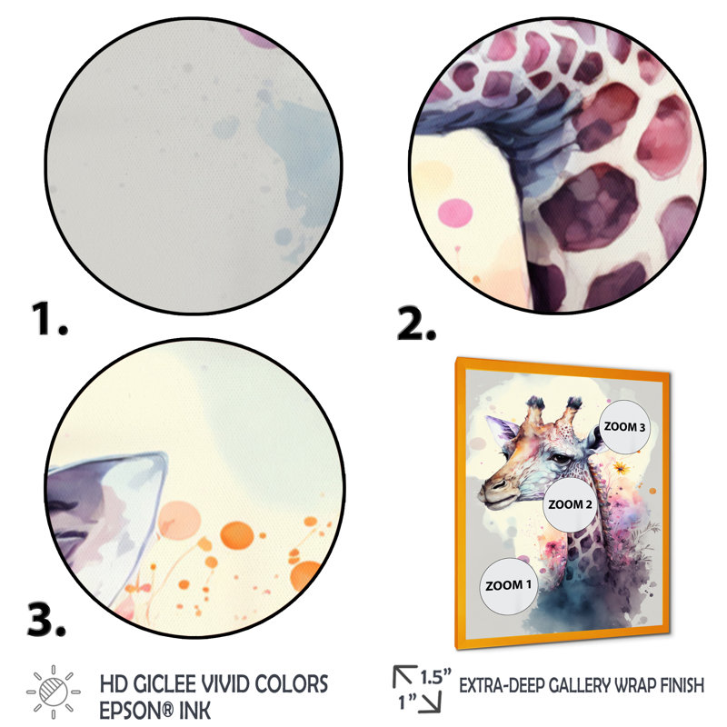 «Cute Giraffe Floral III», impression sur toile, H 20 po x l 12 po x P 1 po, Cadre photo doré