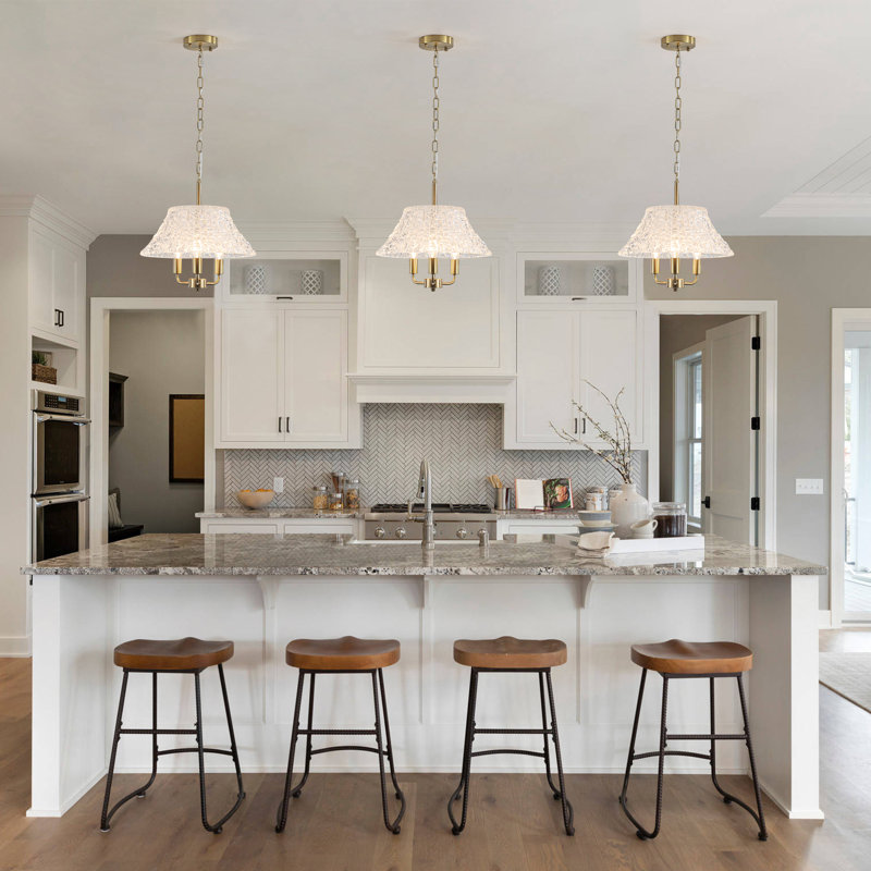 15 Inch 3-Light Modern Glass Chandelier With Water Ripple Glass Shade, Rustic Farmhouse Round Drum Pendant For Kitchen Island