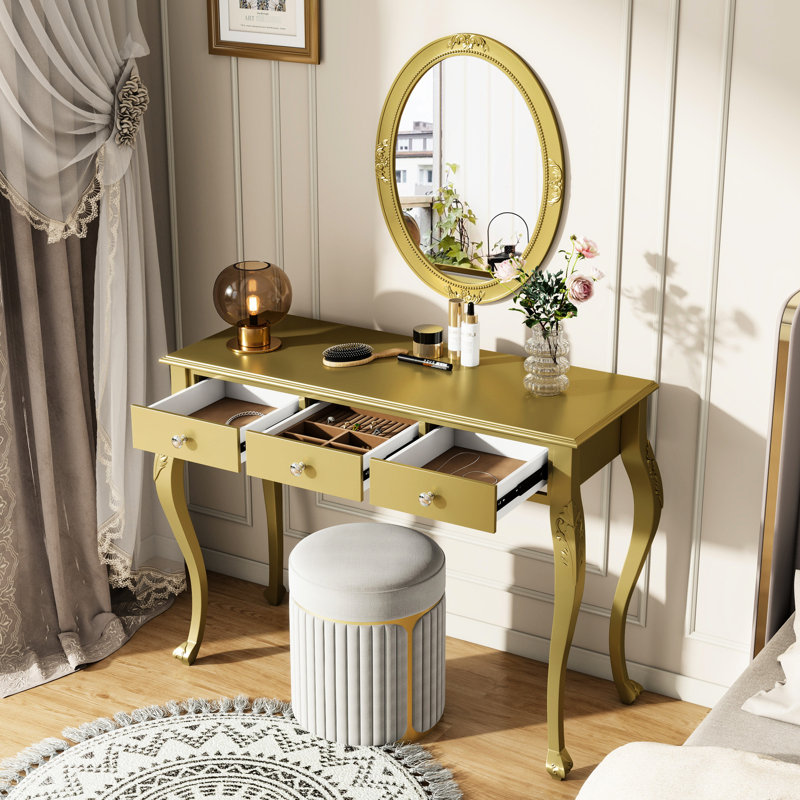 Stylish Oval Mirror Vanity With 3 Drawers For Jewelry And Makeup, Luxury Console Entryway, Wood Legs Elegant Gold Makeup Storage Drawers, Ideal Bedroom, Living Room Entryway Decor, Material