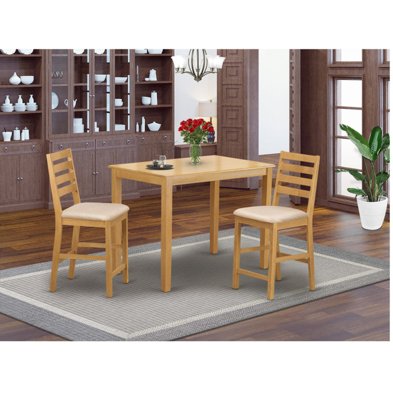 Ensemble bistro 3 pièces à hauteur de comptoir pour petits espaces comprenant une table de cuisine rectangulaire et 2 chaises de salle à manger en tissu de lin, chêne