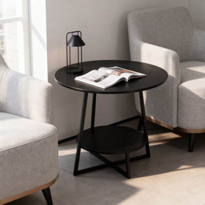 Ensemble de 2 tables de bout rondes à 2 niveaux avec tablette de rangement, table d'appoint compacte pour les petits espaces dans le salon, la chambre à coucher et le bureau