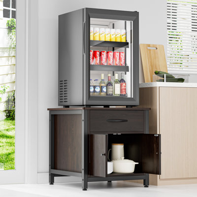Mini Fridge Stand With Storage, Beverage Refrigerator Table Stand,mini Fridge Stand With Solid Wood Cabinet, Drawer  22.8" L X 21.6" W, Max Load 300 Lbs, Black