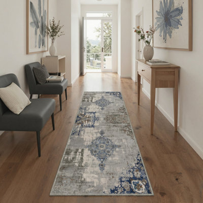 Combs Vesper Modern Abstract Distressed Medallion Machine Washable Blue/Grey Indoor Area Rug with Non-Slip Backing