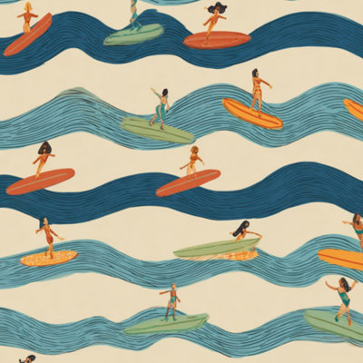 Peel and Stick Wallpaper Surfing Wave Colorful Surfers Retro Beach Style Contact Paper Removable Self Adhesive Wall Mural Wall Decor for Bedroom Kitchen Cabinets 24in x 118in
