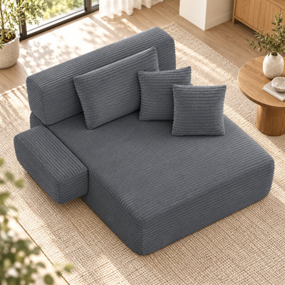 Chaise longue en velours côtelé Velrissorique 2 en 1 avec coussins en mousse et à ressorts ensachés, accoudoirs larges et poche latérale