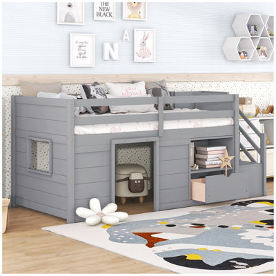BED, SOLID WOOD LOW LOFT BED WITH STAIR, DRAWER, AND SHELF