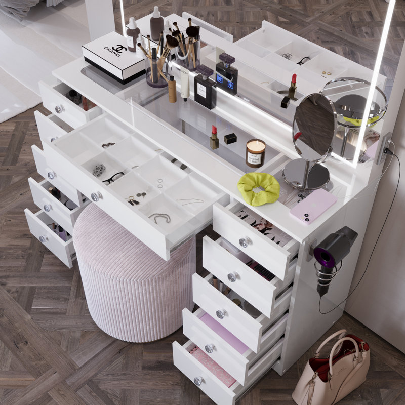 Amelia Premium Vanity Table With Bluetooth Speakers And 11 Spacious Drawers, White