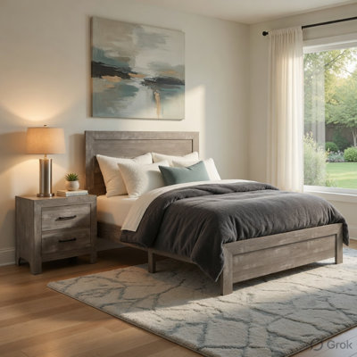 Queen Size Bedroom Set, Gray Finish, Panel Headboard, 2-Piece Set With Bed And Nightstand