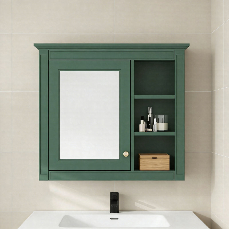 Armoire à pharmacie murale 30 po x 28 po avec miroir, 3 tablettes ouvertes, armoire de rangement moderne, Vert