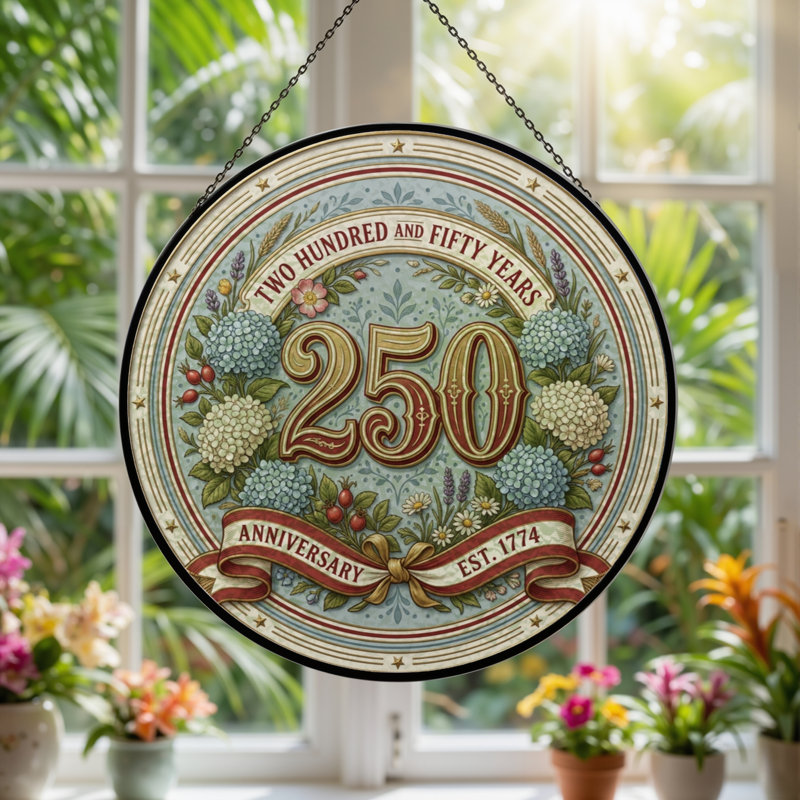 Panneau de fenêtre en verre floral pour décoration intérieure 250th Anniversary USA ， 7,8H, H 7,8 po