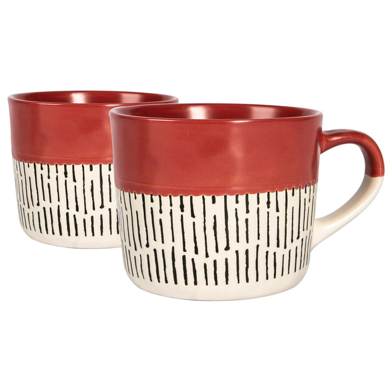 Nicola Spring - Dipped Dash Stoneware Coffee Mugs - 450ml, Red