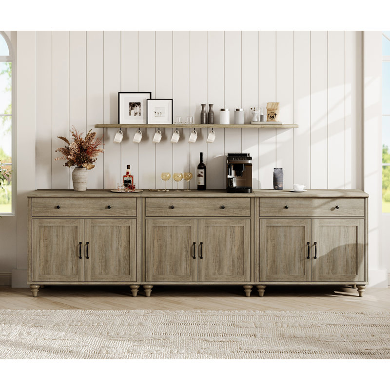 Sideboard Buffet Cabinets With 6 Doors And 3 Drawers, Farmhouse Sideboard Credenza For Dining Room, Modern Large Storage Cabinet For Living Room, Wash Grey, 102 Inch