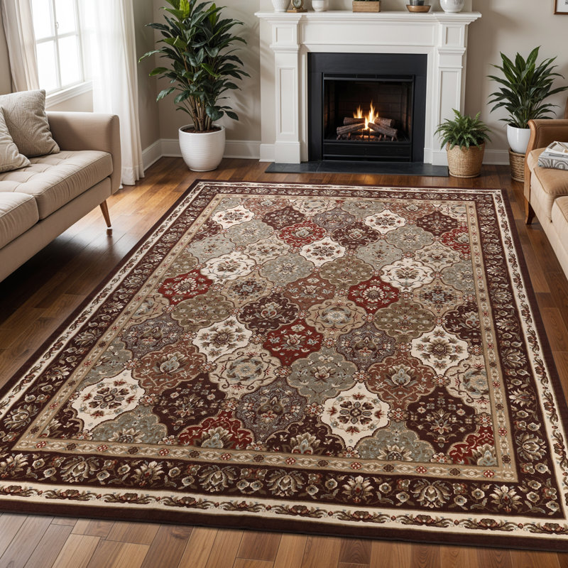 Tapis d'intérieur traditionnel à motif floral et chocolat, Rectangle de 10 pi x 14 pi