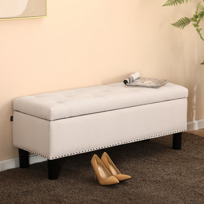 Upholstered Storage Bench, Linen Button-tufted End of Bed Bench for Living Room, Bedroom