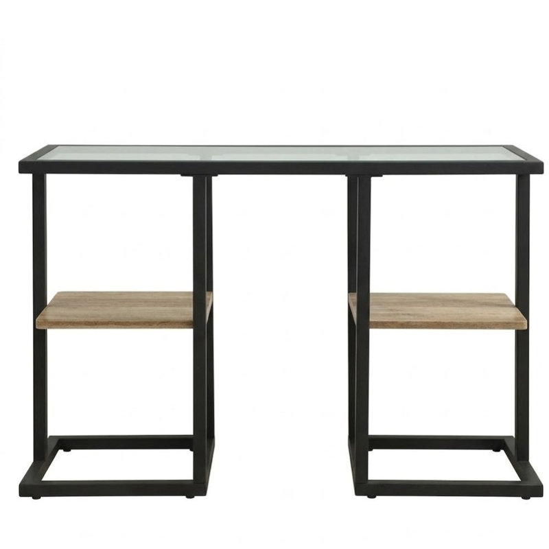 Wenviro 47 In. Sand Black Rectangular Glass Console Table With Wood Shelves