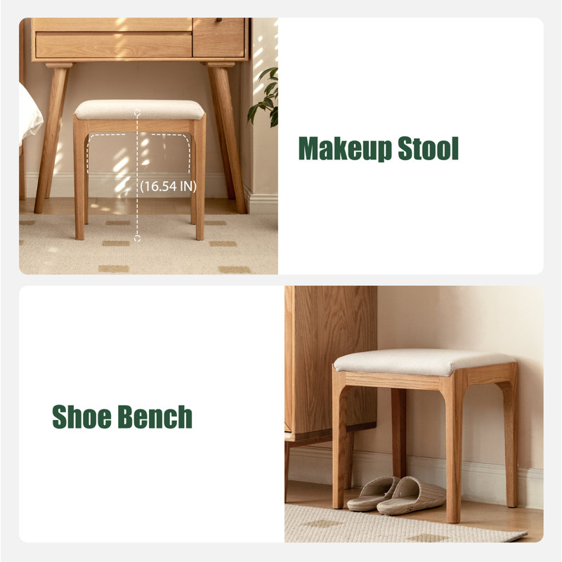 Tabouret de coiffeuse en chêne massif, Naturel