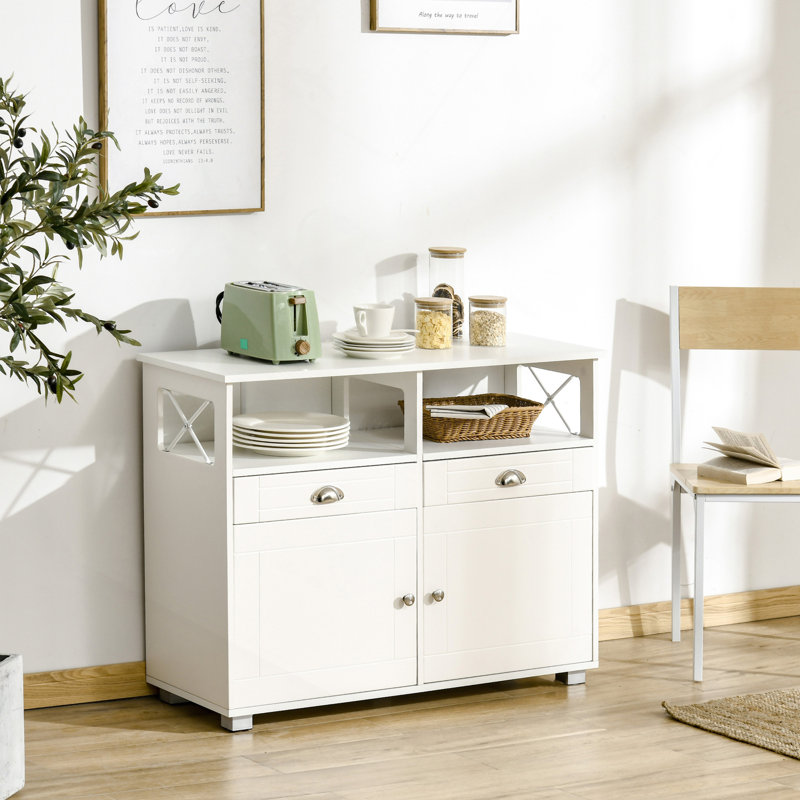 Buffet buffet, armoire à café, armoire de cuisine avec tiroirs de rangement, grand plateau latéral et barre latérale, blanc