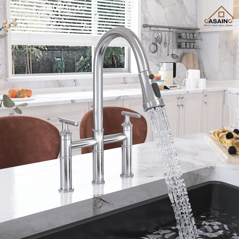 Brushed Nickel Double Handle Bridge Kitchen Faucet with Pull-out Spray
