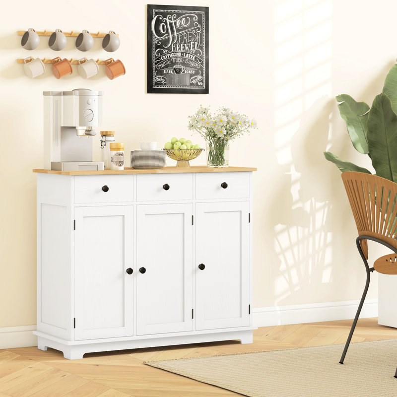 Buffet - comptoir en bois massif, 3 tiroirs, portes, tablette ajustable avec rangement blanc moderne pour coffre à couvertures