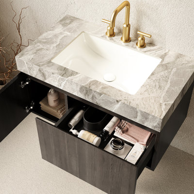 Meuble-lavabo de 36 po en contreplaqué flottant, comptoir en pierre frittée, lavabo en céramique, trous de robinet pré-percés, deux portes, un tiroir, glissière de tiroir à fermeture en douceur, meuble-lavabo et lavabo, comptoir gris, imperméable