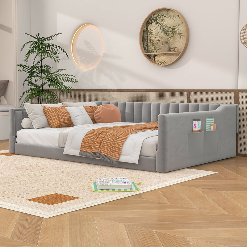 Upholstery Daybed with Storage pocket, Grey, Full Extra-Long