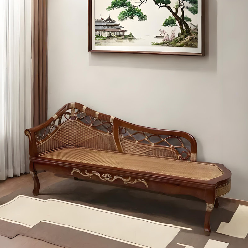 Natural solid wood carved rattan chaise lounge, Left Hand Facing, Reddish Brown