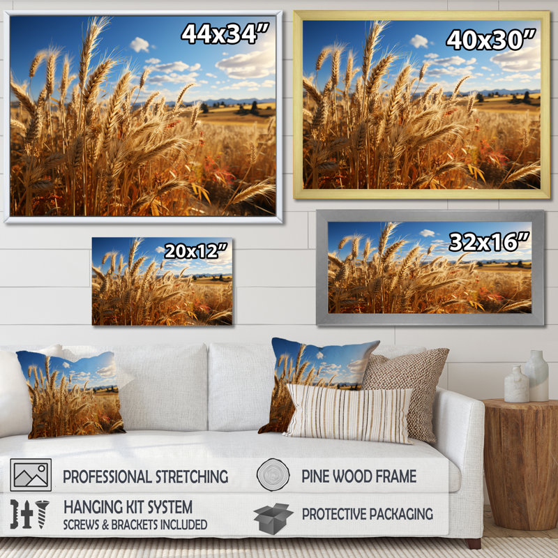 Golden Harvest Meadow Horizon IV - Art mural prairie, Cadre flottant brun, H 24 po x l 32 po x P 1 po