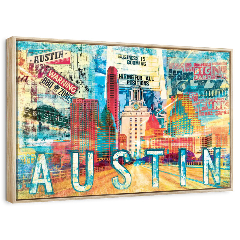 Road to Austin City Grunge, Cadre flottant en bois naturel, 37 po x 25 po