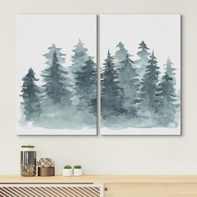 "Woodland Forest", paysage, aquarelle, vert forêt, arbres, art moderne sur toile encadrée 2 pièces