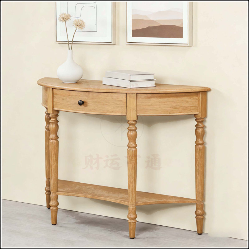 Farmhouse Half Moon Console Table with Drawer & Shelf, Space-Saving Design for Narrow Entryways and Hallways, Natural