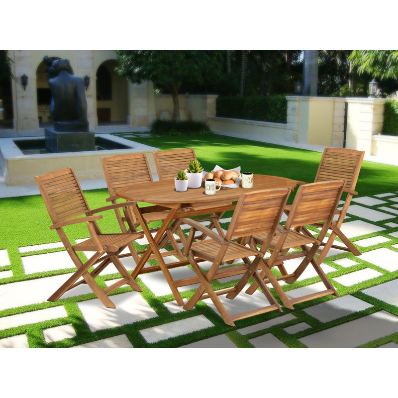 Ensemble de salle à manger 7 pièces pour patio comprenant une table ovale d'extérieur en bois d'acacia et 6 chaises pliantes à accoudoirs, 36 po x 60 po, huile naturelle