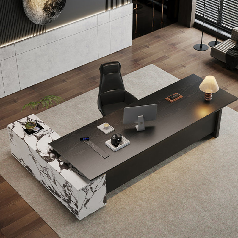 Bureau de direction 78,84 "simple et moderne en bois massif noir en forme de L, H 28,74 po x l 88,58 po x P 82,68 po