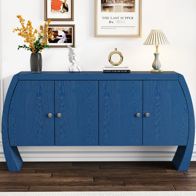 Élégante armoire de rangement à quatre portes avec pieds arqués arrondis et tablettes intégrées - placage de frêne bleu marine