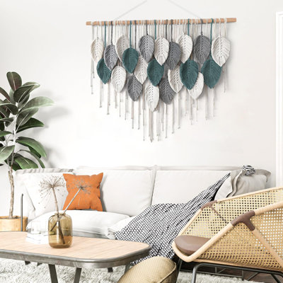 Grande tenture murale en macramé, décor bohème pour la maison, tapisserie en macramé tissée à la main, motif de feuilles bohèmes, décoration murale moderne et chic pour chambre, salon, chambre d'enfant ou bureau. Dimensions : 99 cm (largeur) x 75 cm (longueur).