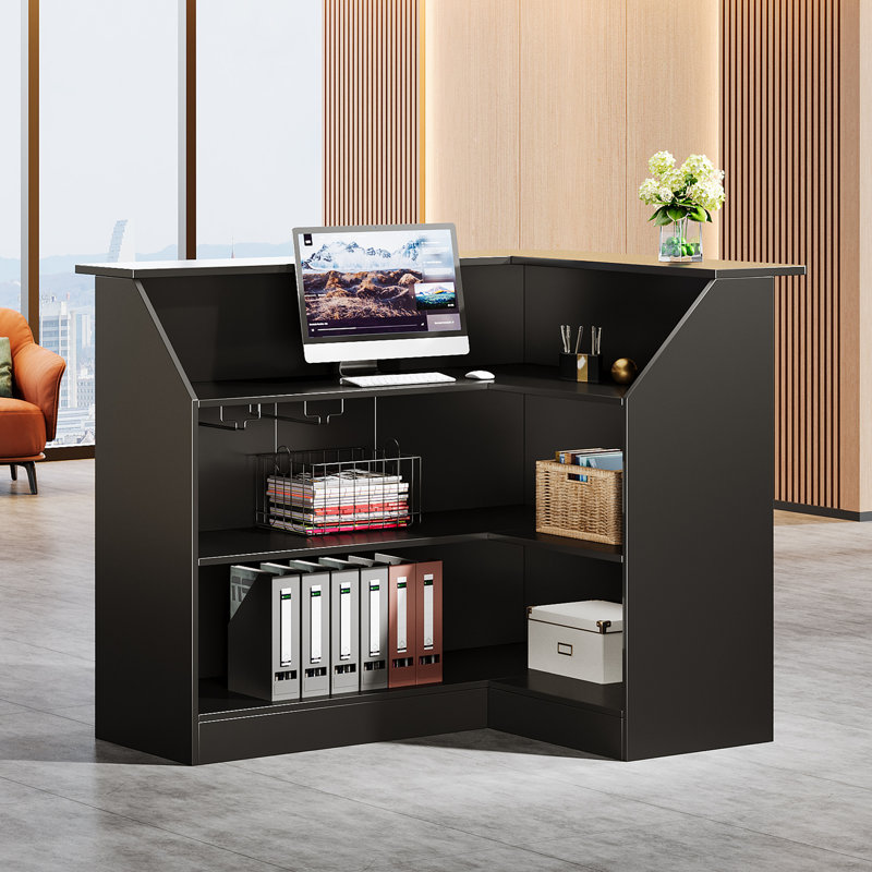L-Shaped Manufactured Wood Reception Desk with Counter, Modern Retail Counter for Shop, Black
