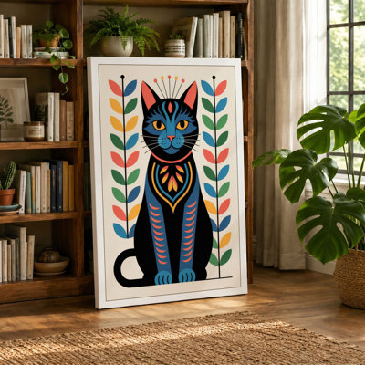Decorated Cat in Folk Art Mid-Century 1 Piece Wrapped Canvas Wall Art