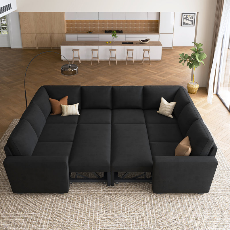 Canapé-lit modulaire convertible en forme de U Niyona, Velours noir