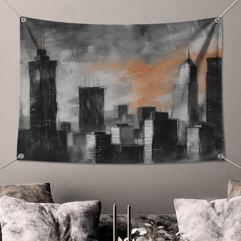 Tapisserie murale «Urban Skyline Illustration» - décoration murale gratte-ciel, 50 po H x 60 po L avec 4 œillets