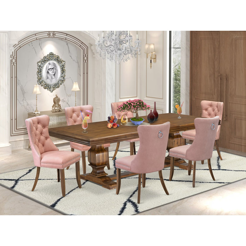 Ensemble de table de salle à manger moderne 7 pièces composé d'une table de salle à manger et de 6 chaises de salle à manger en tissu de polyester rouge beige avec dossier capitonné - Finition noyer antique