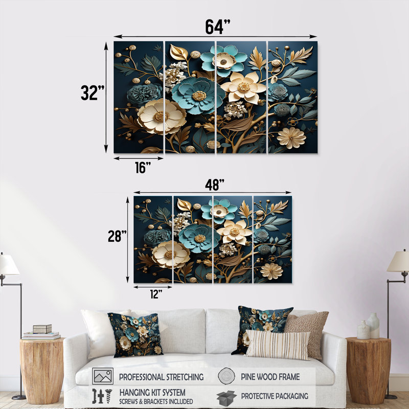 «Blue and Gold Charming Spring Flower Elegance I - Flowers», art mural 4 pièces, H 32 po x l 64 po