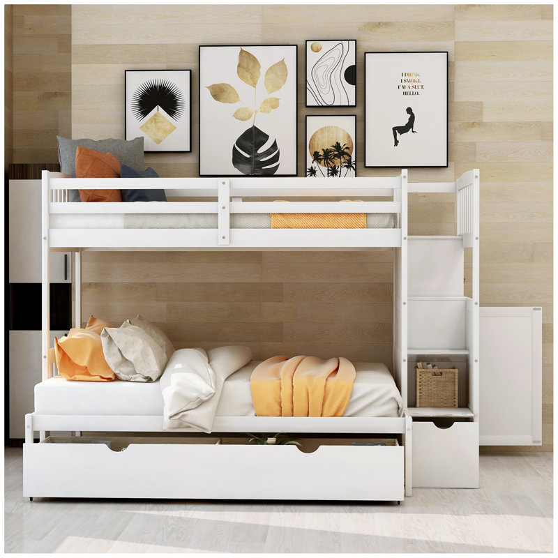 Lit superposé simple au-dessus de double / double, lit inférieur convertible, tablettes de rangement et tiroirs, Blanc