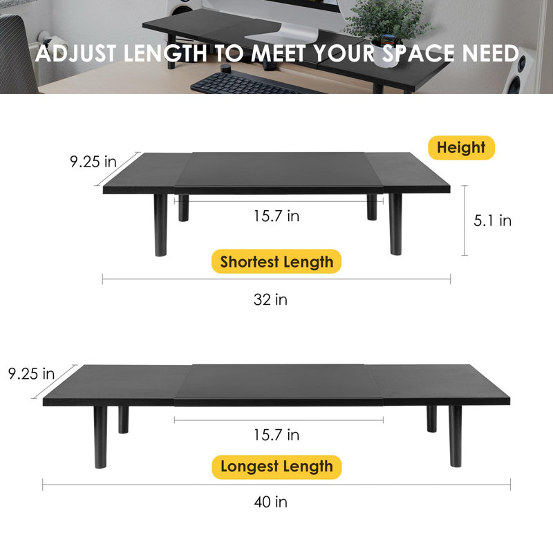 Dual-Monitor-Stand-Riser-For-Desk Adjustable Length 32-40 Inch,Large Desktop Computer Monitor Riser For 2 Screens,Desk Shelf Organizer Riser Stand For Computer/Laptop/PC/Printer/TV Black