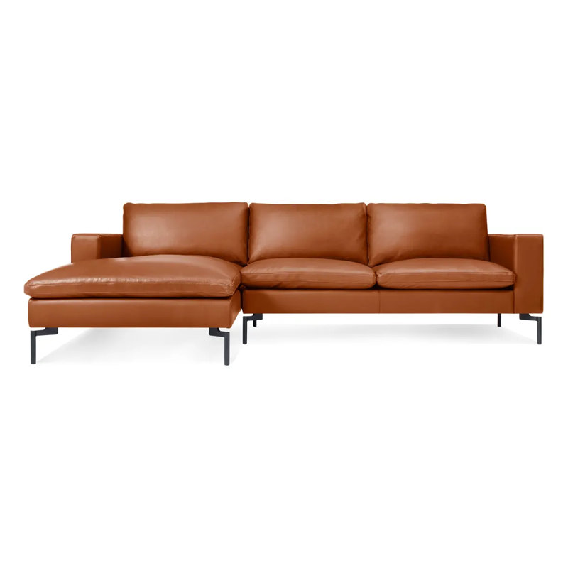 Nouveau canapé standard avec méridienne, Orienté à gauche (vu de face), Cuir caramel, Noir