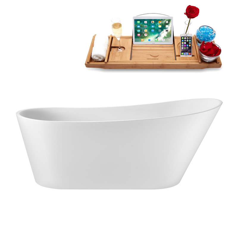 67" Streamline Soaking Glossy White Freestanding Tub and Tray With Internal Drain, Matte Black