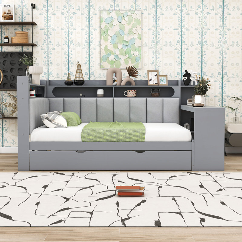 Full Wooden Daybed with Desk, Trundle, LED Light and USB Ports, Gray