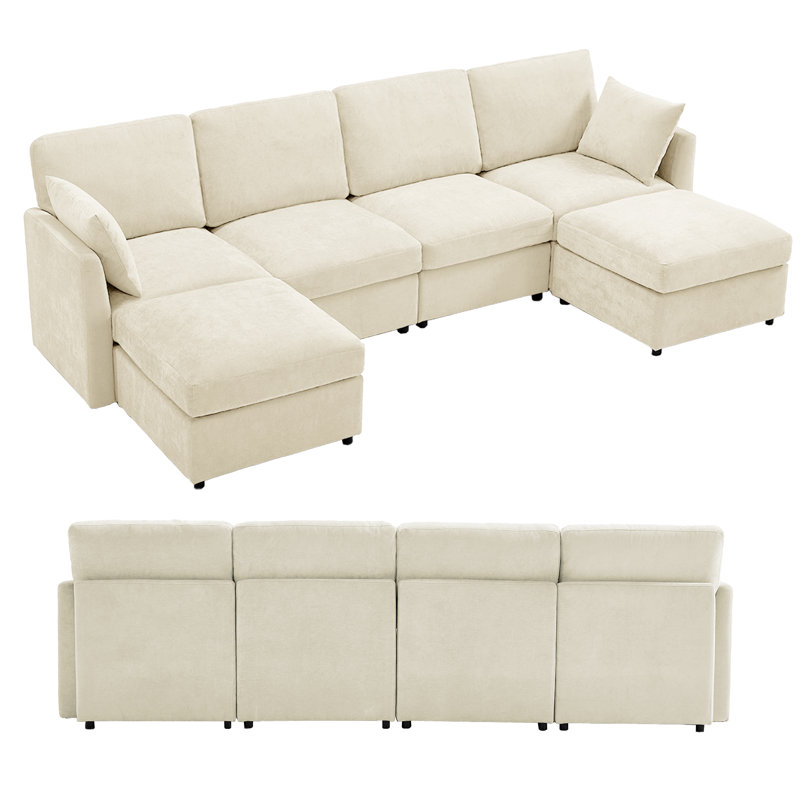 Sarang 6-Piece Modular Sofa Upholstered Sectional U Shaped Cloud Couch, Beige Chenille