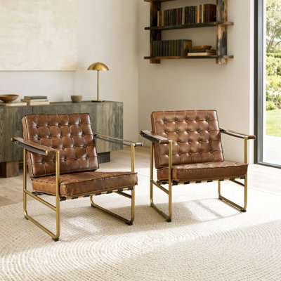 Hunter 32.28'' W Button Tufted Genuine Leather Upholstered Accent Lounge Armchair (Set of 2)